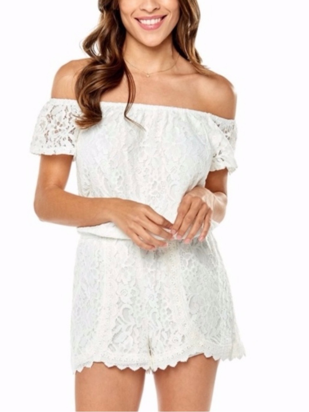 BB Dakota White Lace Off-The-Shoulder Romper